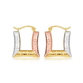 Women's 14K Tri-Color Gold Textured Square Reversible Hinged Hoop Earrings, 1.7mm Thick