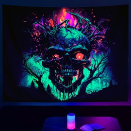 SparkLia Blacklight Fire Skull Tapestry, UV Reactive Burning Skeleton Horror Wall Hanging, Glow in the Dark Scary Dark Forest Surreal Artwork Wall Tapestries Halloween Decor for Bedroom, Living Room - 29.5" x 39.4"