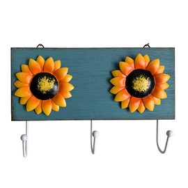 Grace Home Wood Metal Sunflower Wall Hook Keys Coats Aprons Utilities Hook Kitchen Living Room Wall Decor-(Blue)