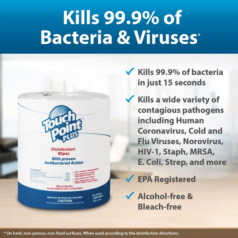 Touch Point Plus Disinfectant Wipes Roll - 1200 8”x6” Wipes,