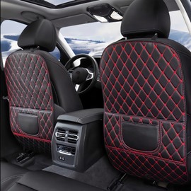 Leatherette Car Seat Protector - 2 Pack Large Car Kick Mats with Storage Pockets Organizer Seat Back Cover Against Dirty Shoes & Scratches, Universal Fit for Most Vehicles, Black with Red Line