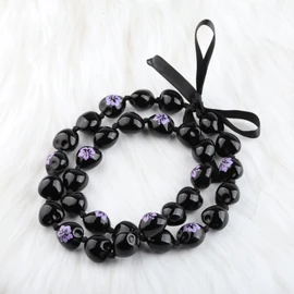 BNQL Stainless Steel Kukui Nut Lei Necklace, Graduation Gifts for Her Him, Chunky Beaded Unisex Jewelry with Ribbon, 28.5 inches, Class of 2024, Hawaiian Luau Party, Purple Flower