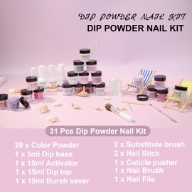 EODCI 31 Pcs Dip Powder Nail Kit Starter, 20 Colors All Season Nude Pink Skin Glitter Acrylic Dipping Powder Essential Liquid Set with Base/Top Coat Activator No Needed Nail Lamp Curing