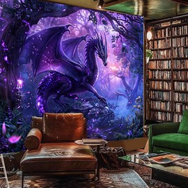 Bcsewcg Trippy Purple Dragon Tapestry, Magic Forest for Bedroom Aesthetic, Medieval Fantasy Animals Cool Wall Hanging for Men, Boys, Living Room Dorm Decor, 60WX40L