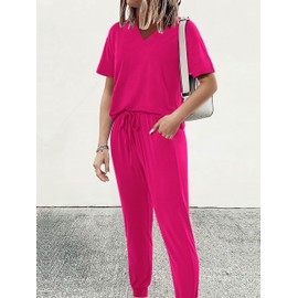 MASCOMODA Womens 2 Piece Outfits Summer Casual V Neck Short Sleeve Tops Long Pants Tracksuit Lounge Jogger Set with Pockets(Hot Pink,Small)