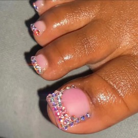 24 Pcs Press On Toenails for Women,YEFIUO Acrylic Fake Toe Nails Press ons Nail Art Rhinestones Glitter French Design Summer Full Cover False Nails Glue on Toe Nails Stick on Nails for Ma'am