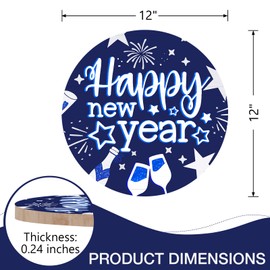 Deroro Happy New Year 2025 Front Door Sign, Dark Blue Champagne Celebration Wood Door Hanger Outdoor Outside Porch Decor, Christmas Winter Holiday Party Wooden Wreath Indoor Wall Hanging Decoration