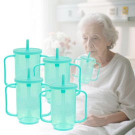 Oulisen 4 Pcs Adult Sippy Cups for Elderly, 12 oz Plastic Spill Proof Cup，Sippy Cups for Adults， Elderly Drinking Cups, with 2 Handles Straw and Lid for Adults Hospital Disabled Dysphagia Patients