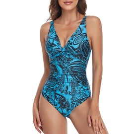 Smismivo Traje de baño de una pieza con control de abdomen para mujer, estilo vintage, acolchado, retro, cuello en V, E Negro Floral Azul, S