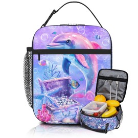 TREKTOTS Dolphin Insulated Lunch Bag for Girls Ages 6-8, Large Capacity Thermal School Lunch Box with Detachable Handle, Perfect for Kindergarten & Elementary