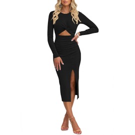 Pink Queen Women's Crew Neck Long Sleeve Midi Dress Cutout Twist Ruched Party Cocktail Bodycon Slit Knit Dresses Black S