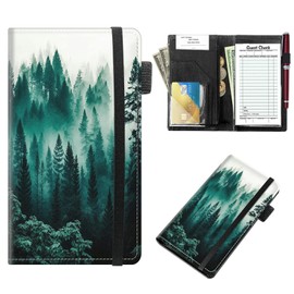 BFSEROBJ Server Books for Waitress 5 x 9 inch Black Server Book with Zipper Pocket and Elastic Band Closure 11 Pockets Design Cute Waitress Book Organizer Fit Server Apron - Green Forest