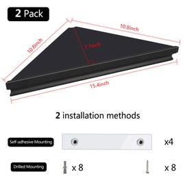 evron Wall Mount Corner Shelf,Easy to Install Metal Front Floating Corner Shelves with Self-Adhesive Tapes,Wood Imitation Corner Shelf with Wire Pass Hole Pattern(Black 2 Pack)