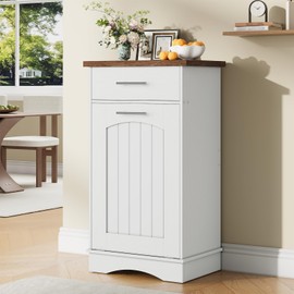 HOOBRO 10 Gallon Tilt Out Trash Cabinet, Kitchen Trash Can,Trash Bin Storage, with Flip Door and Large Drawer, Hidden Laundry Hamper Cabinet, for Kitchen, Laundry, White and Walnut WH02LJ01