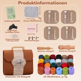 Reovin Needle Felting Set in 24 Colours, Needle Felting Accessories with Storage Bag, Wool Felting Set with Felting Wool in Large Quantities, Felting Needles, Needle Felting Pad for DIY Craft