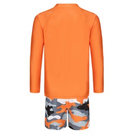 Zestonie Big Boys Two Piece Rash Guard Swimsuits Set with Swim Trunk Kids Long Sleeve Bathing Suit Swimwear Set Camo Orange Size 10/8-10 Years