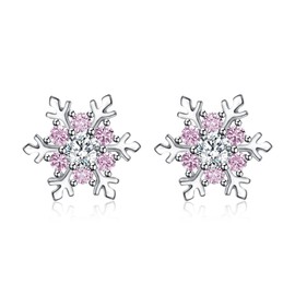 EVER FAITH Snowflake Stud Earrings for Women Girls, 925 Sterling Silver Pink Cubic Zirconia Winter Flower Snowflake Earrings
