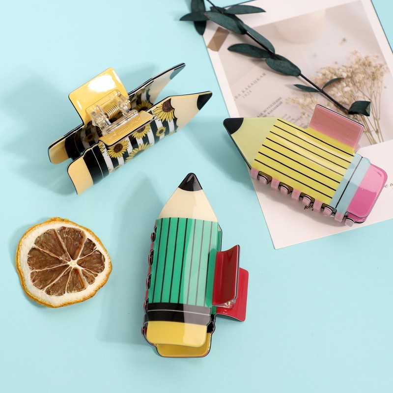 3Pcs Pencil Hair Claw Clips, Funny Teacher Hair Clips