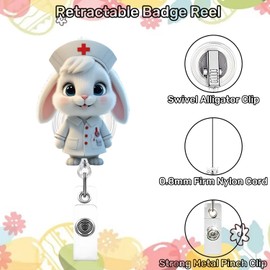 2 Pcs Easter Badge Reel with Badge Holder Retractable Clip，Nurse Rabbit Acrylic Badge Reels for ID Card Cute Bunny Alligator Clip Accessories for Nursing Student Medical Worker Teacher