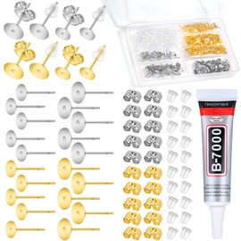 Anezus Jewelry Glue with 600pcs Stainless Steel Earring Posts and Backs - Silver and Gold Posts with Rubber Backs for Jewelry Making