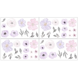 Sweet Jojo Designs Purple and Grey Watercolor Floral Peel and Stick Wall Decal Stickers Art Nursery Decor - Set of 4 Sheets - Lavender, Pink, Gray and White Rose Flower