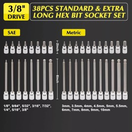 FOCUS AUTO TOOLS 38PCS 3/8" Drive Hex Bit Socket Set CR-V S2 Steel SAE/Metric Extra Long Ball-End