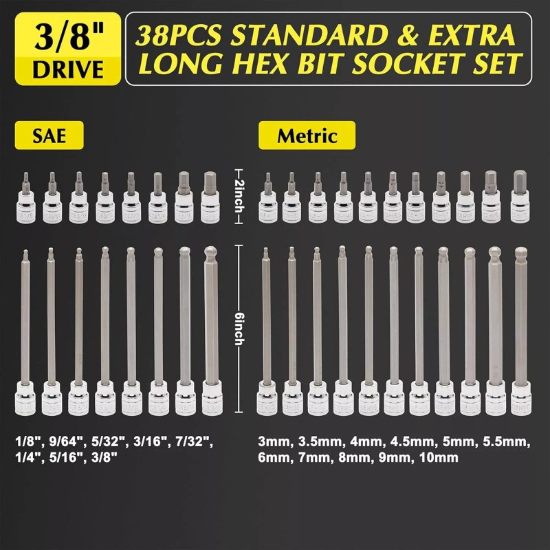 FOCUS AUTO TOOLS 38PCS 3/8" Drive Hex Bit Socket Set