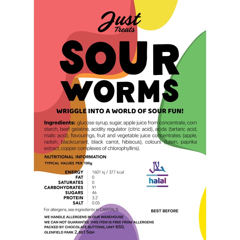 Just Treats Sour Worms (500g Share Bag)
