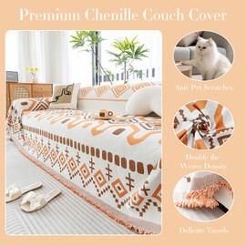 JPGGD Boho Couch Cover, Chenille Sofa Cover Washable for Dogs, Boho Couch Covers for Sofa Pet Friendly, Bohemia Sofa Slipcovers for 2-3 Cushion Couch(Orange, 71"x 134")