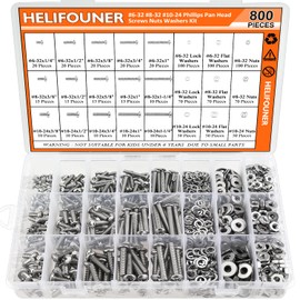 HELIFOUNER 880 Pieces #6-32#8-32#10-24 Phillips Pan Head Machine Screws Nuts Washers Assortment Kit, Coarse Thread, Fully Machine Threaded, 304 Stainless Steel