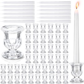 Threlaco 144 Pcs Glass Clear Taper Candle Holders Set Bulk Clear Taper Candlestick Holders White Candles Tall Candlesticks for Wedding Table Centerpiece Birthday Anniversary Party Decor
