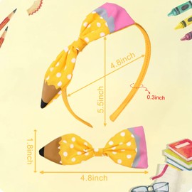 Xepeelo Pencil Bow Headbands Back to School Hairbands Yellow Pencil Headband Cute White Dots Hair Hoop Fashion Teacher Hair Band First Day of School Hair Accessories for Girls Students