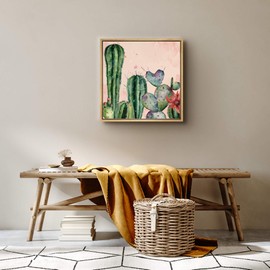 SIGNWIN Framed Canvas Print Wall Art Desert Cactus Variety with Red Flower Floral Plants Watercolor Modern Art Southwest Colorful Multicolor Pastel for Living Room, Bedroom, Office - 16"x16" Natural