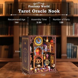 Book Nook Kit - Fantasy Tarot 3D Wooden Puzzle for Adults, Teens & Beginners, DIY Miniature Bookshelf Insert with LED Light, Mysterious Craft Gift for Model Builders