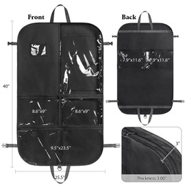 Univivi Costume Garment Bag for Hanging Clothes, 40 Inch Sport Competition Cover Bag With 3 Clear Zipper Pockets with 2 x Sport Stickers, Ideal for Sport Custume - Black
