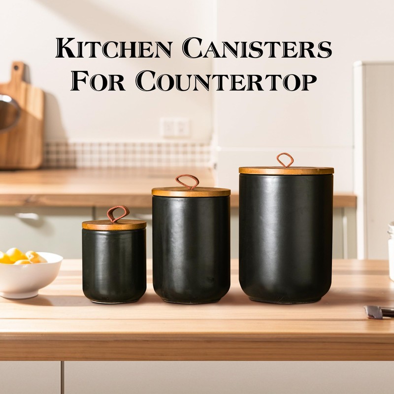 JOJUNO Black Ceramic Canister Set with Wooden Lid, 3-Piece Airtight