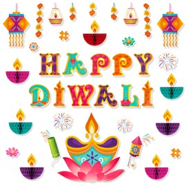 Konsait 56 Pieces Diwali Decorations Set, 3D Diya Lamp Happy Diwali Cutouts for Home & School Wall Bulletin Board, India Festival of Lights Decorations
