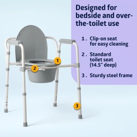 3-in-1 Steel Bedside Commode Standard Seat Folding Frame Bucket Clip-on Seat New