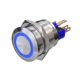 Metzler - Pressure Switch 22mm - LED Ring Lighting Blue - IP67 IK10 - Stainless Steel - Flat - Solder Contacts