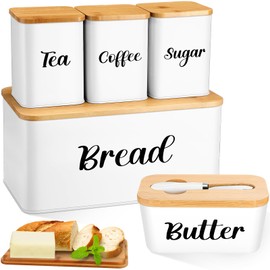 Domensi Metal Bread Box and Ceramic Butter Dish with 3 Airtight Kitchen Canisters Farmhouse Storage Canister Set for Kitchen with Bamboo Cutting Board Lid and Stainless Steel Butter Knife(White)