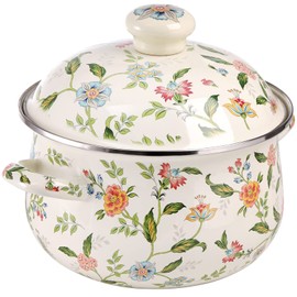 Jucoan 2.8 Quart Vintage Enamel Cooking Pot with Lid, Green Floral Enameware Simmer Pot Saucepan with Dual Handles for Stovetop, Soup Bowl Gift for Housewarming Wedding Christmas
