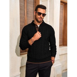 Yousify Mens Stand Collar Pullover Sweater Casual Cable Knitted Quarter Button Sweaters Winter Chunky Thermal Polo Sweaters Black