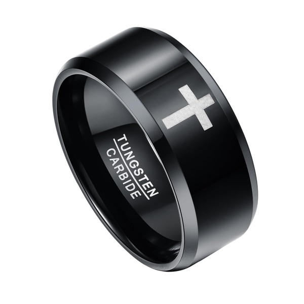 TUNGSTORY Promise Ring for Men Engraved Cross Pattern Black Tungsten