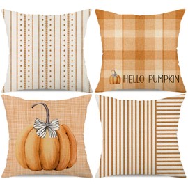 Orange Striped Farmhouse Fall Throw Pillow Covers 18x18 Inch Set of 4 Stripes Buffalo Plaid Pumpkin Pillows Decorative Autumn Thanksgiving Decorations Throw Pillows Cushion Case F029-18