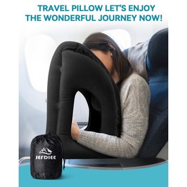 Travel Pillow Airplane Inflatable Neck Pillow Comfortably Supports Head and Chin for Airplanes Trains Cars and Office Napping with 3D Eye Mask Earplugs and Portable Drawstring Bag (Black, 1 Pack)