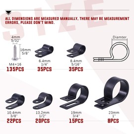 Hilitchi 135 Pcs 6 Sizes Black Plastic Cable Clamp R Type Screw Mounting Cord Fastener Cable Clips Assortment Kit with Screws for Wire Management Cable Conduit (Clips from 6mm to 23mm)