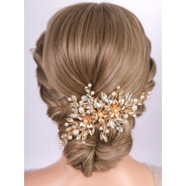 Rumtock Gold Flower Hair Comb for Wedding Brides Bridesmaid Handmade Women Pearl Beads Hair Piece (Gold)