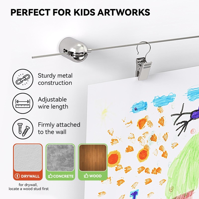 ZODIRISE Art Display for Kids Artwork, 10ft Picture Hanging Wire