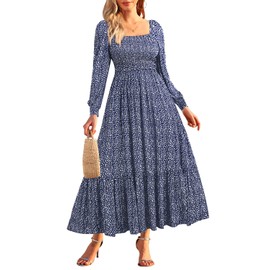Holipick Blue Floral Dress Women Long Puff Sleeve Square Neck Smocked Boho Modest Flowy Fall Casual Long Maxi Dresses