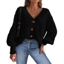 dowerme Cardigan Sweaters for Women Fall Fashion 2025 V Neck Long Sleeve Chunky Cable Knit Sweaters Button Loose Outwear(Black,Small)